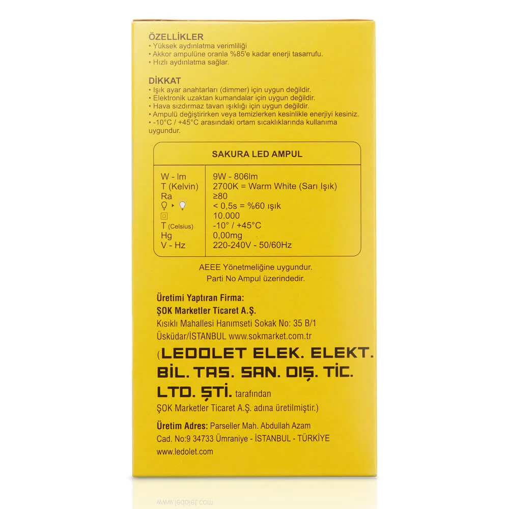 Sakura Led Ampül Sarı Işık 9 W