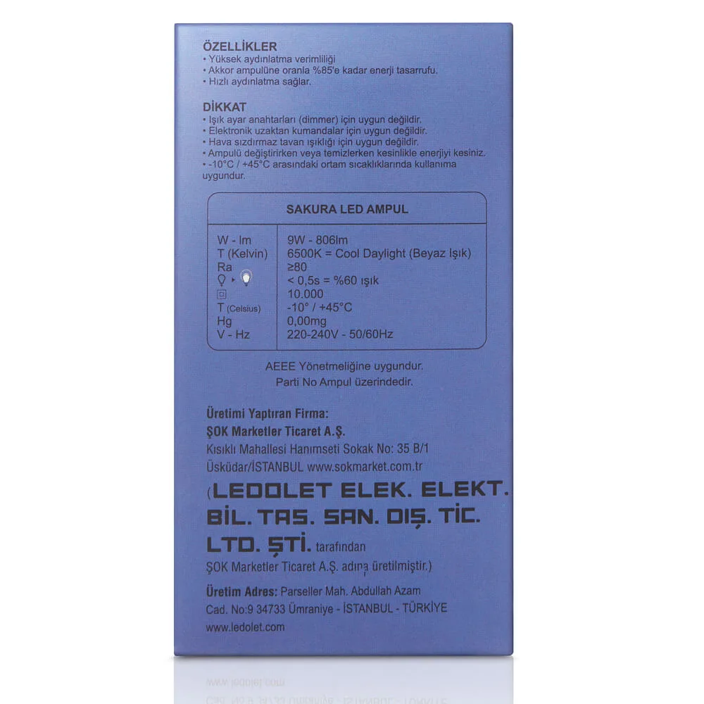 Sakura Led Ampül Beyaz Işık 9 W